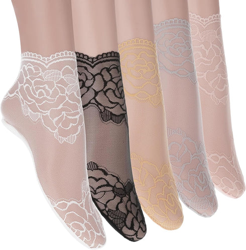 5Pairs Women's Lace Socks Sheer Lace Socks Fishnet Socks Ankle Mesh Lace Socks Lace Loose Socks for Women Girls...