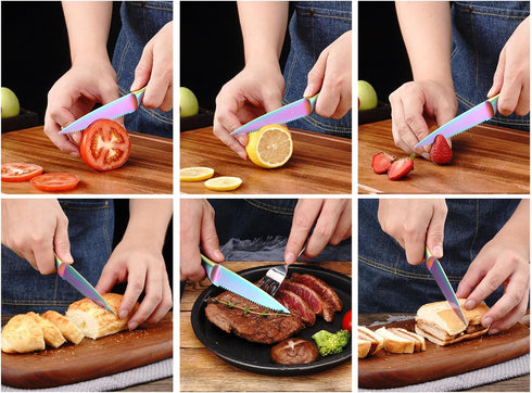 WELLSTAR Utility Knife, 4 Inch Serrated Paring Knife with Super Sharp Rainbow High Carbon Stainless Steel Blade for Fruit Vegetable Cutting Peelin...