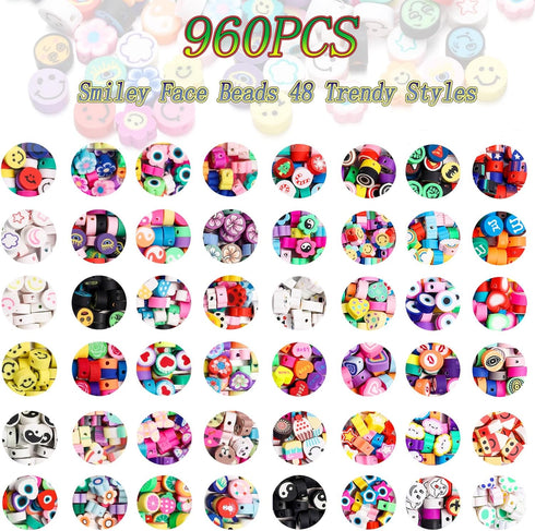 960Pcs Polymer Clay Beads Bracelet Making Kit, 48 Styles Trendy Cute Fruit Smile Face Mixed y2k Beads Charms for Bracelets Necklace Earring Jewelr...