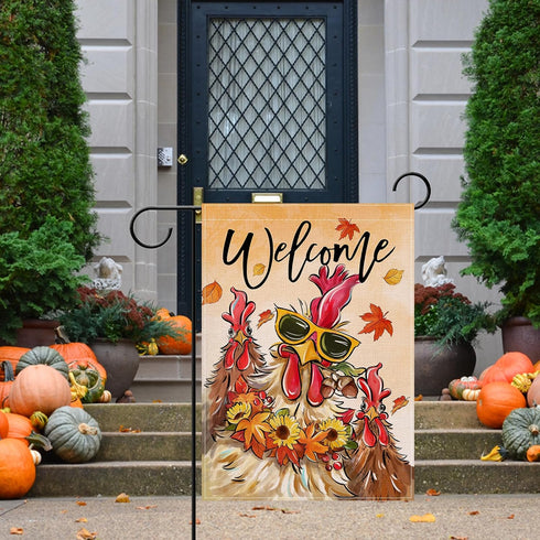 Welcome Fall Rooster Small Decorative Garden Flag, Autumn Farm Animal Sunflower Maple Leaves Yard Lawn Outside Decor, Farmhouse Rustic Burlap Outd...