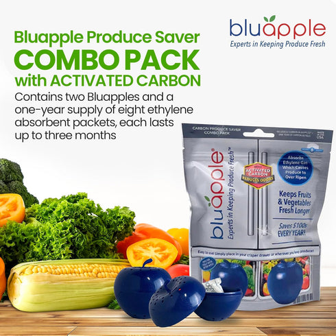 Bluapple Produce Saver Ethylene Gas Absorber 1 Year Combo Pack with Activated Carbon - 2 Bluapples + 8 Packets (13 grams each) Vegetable & Fruit F...