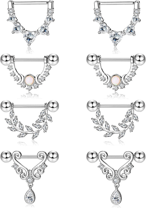 JOERICA 4 Pairs 14G Nipple Rings for Women 316L Stainless Steel Heart Teardrop Moon Star Opal Leaf CZ Barbell Nipple Rings Set Cute Nipplerings Pi...