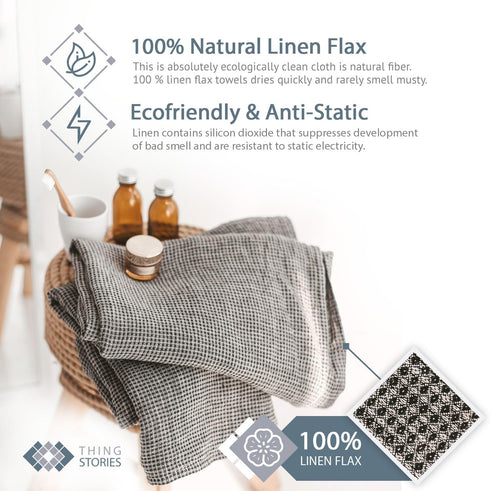 Pure 100% Linen Hand Towels - Set of 2 Linen Kitchen Towels Waffle Weave Black-Natural - 13 x 29-inch Soft Lightweight Stone-Washed Dish Towels - ...
