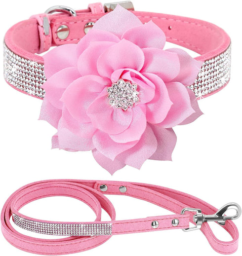 Cute Dazzling Sparkling Elegant Fancy Soft Suede Leather Bling Rhinestone Crystal Jeweled Pet Cat Dog Puppy Collar Dog Leash Combo Set (Pink7, XXS...