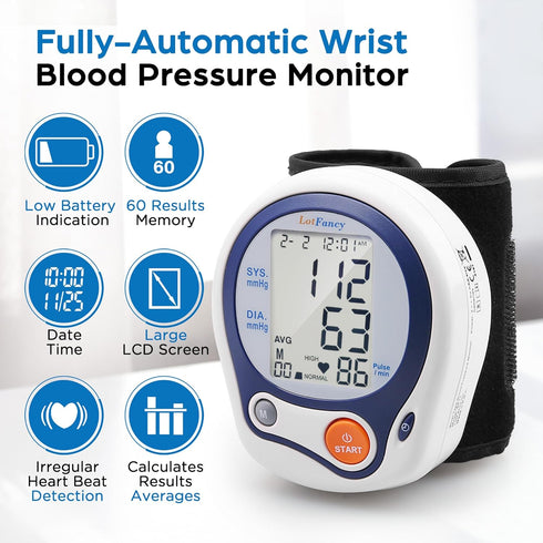 LotFancy Wrist Blood Pressure Monitor, Wrist BP Cuff (5”-8”), 60 Reading Memory, Automatic Digital Blood Pressure Machine, Home BP Gauge for Irreg...