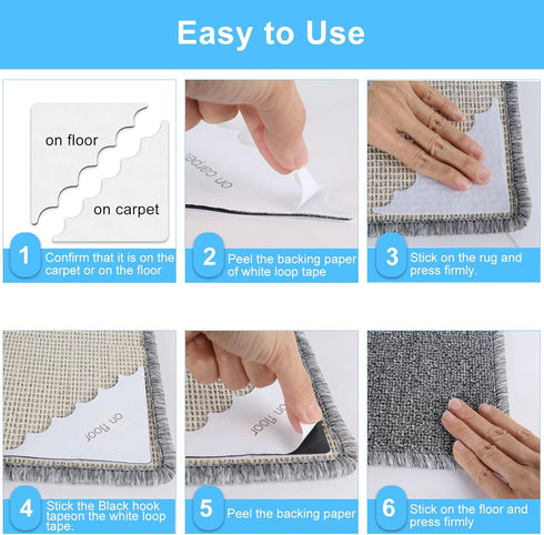 Rug Gripper 16 Pack, Non Slip Washable Rug Gripper Carpet Tape Stickers, Hook and Loop Pads Non Curl Reusable Stoppers Keep Your Area Rug Flat on ...