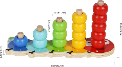 TOWO Wooden Stacking Rings Baby –Lovely Caterpillar Counting Game - Colour Sorting Puzzle - 5 Pegs Ring Stacker - Counting Rings Early Learning Wo...