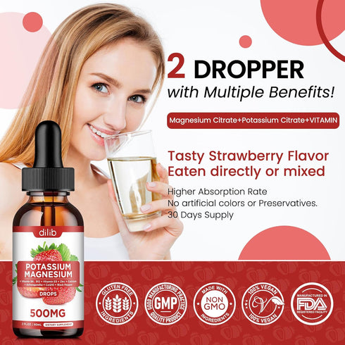 Potassium Magnesium Citrate Supplement, Liquid Magnesium Citrate Drops 500mg with Ashwagandha, Calcium, Zinc, Vitamin D3, B6, B12, CoQ10 - Support...