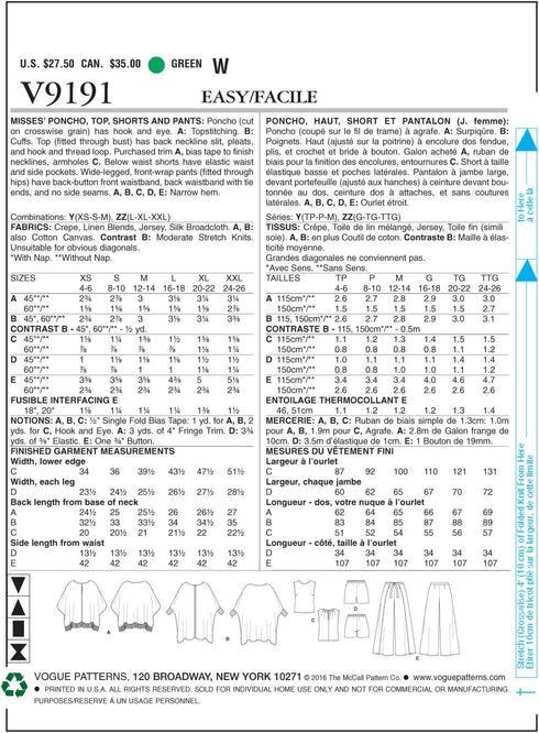 Vogue Patterns V9191 Misses' Ponchos, Back-Pleat Top, Shorts and Wide-Leg Wrap Pants Sewing Pattern, Size Y (XSM-SML-MED)...