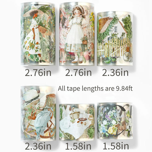 Idyllic PET Washi Tape Set - 6 Roll Wide PET Tape for Scrapbook Supplies,Character Decorative Girls Sticker,Aquarelle Stickers, Bullet Journals Ma...