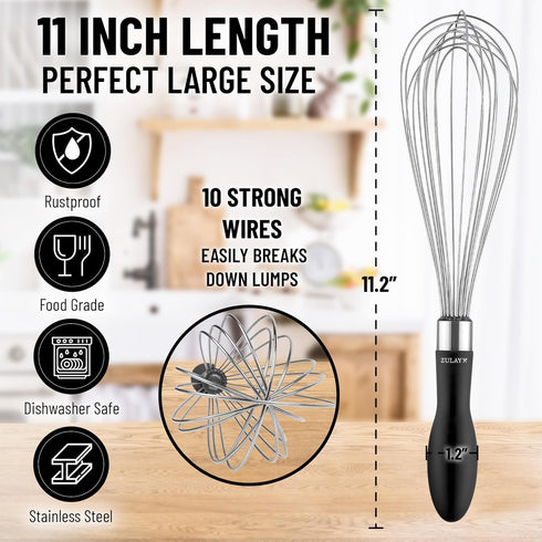 Zulay 11-Inch Stainless Steel Whisk - Balloon Whisk Kitchen Tool With Soft Silicone Handle - Thick Durable Wired Whisk Utensil For Blending, Beati...