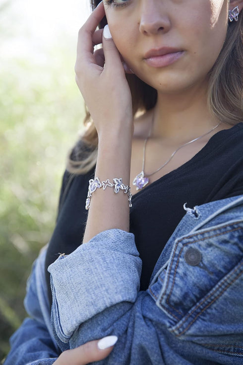 Butterfly Link Charm Bracelet with Premium Birthstone Crystal, Silver-Tone, 7”+2” Chain...