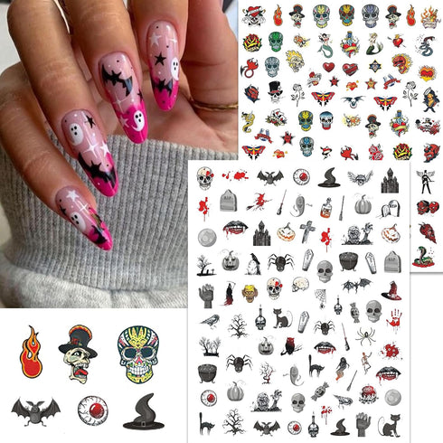Terror Halloween Nail Art Stickers Decals Pumpkin Mouth Nail Decals 3D Self-Adhesive Skull Clown Face Nail Supplies Bat Spider Web Design Nail Art...