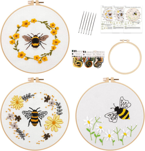 Lukinbox Embroidery Kit for Beginners Adults, 3 Sets Cross Stitch Starter Kits Include 3 Stamped Embroidery Clothes with Floral and Bee Pattern, 1...
