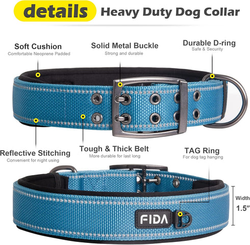 Fida Heavy Duty Dog Collar 1.5” Width, Ultra Soft Neoprene Padded, Adjustable Reflective Nylon Pet Collar with Two Metal Pin Belt Buckle for Extra...