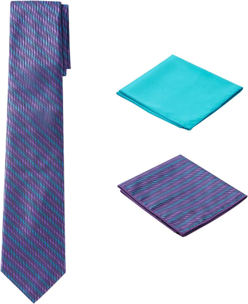 Men's Woven Stripe Regular Length Neck Tie with 2 Handkerchief Pocket Squares Hanky Set - Teal Purple Black...