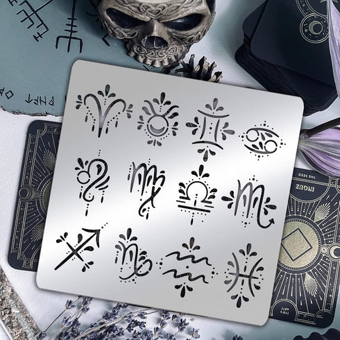 BENECREAT Zodiac Signs Themed Metal Stencil, Stainless Steel Drawing Stencil Template for Wood Burning, Wall Painting Crafts and Decorations, 6x6"...