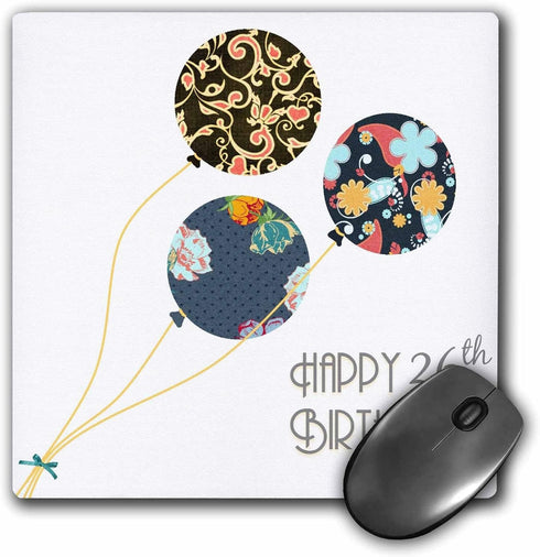 3dRose LLC 8 x 8 x 0.25 Inches Mouse Pad, Happy 26th Birthday, Modern Stylish Floral Balloons, Elegant Black/Brown/Blue (mp_161967_1)...
