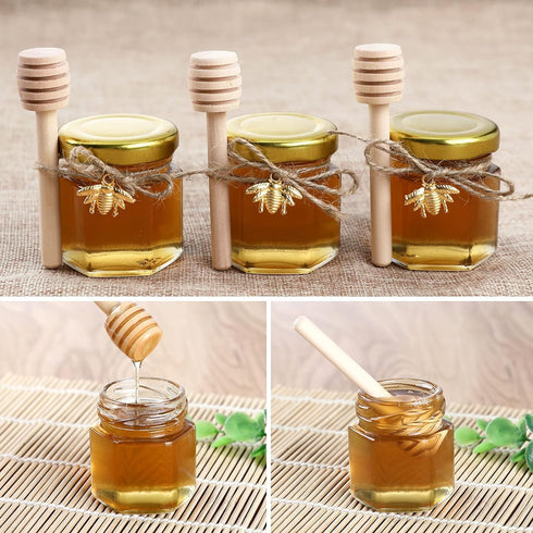 1.5 oz Hexagon Mini Glass Honey Jars -30Pack Honey Jars with Wood Dipper, Gold Lid, Bee Pendants, Jutes - Perfect for Baby Shower, Wedding Favors,...