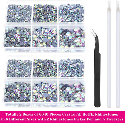 Hotfix Rhinestones, Cridoz 6040Pcs Hot Fix Rhinestones Crystal AB Stud with Tweezers and Rhinestone Picker Tool Pens for Bedazzler Crafts on Fabri...