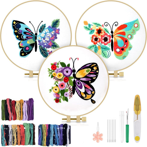 TINDTOP 3 Sets Embroidery Stitch Practice kit, Butterfly Flower Embroidery Kit for Beginners Include Cloth Hoops Threads for Craft Lover Hand Stit...