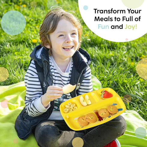Toddler Plates With Dividers - Set of 4 Kids Dinner Plates with 4 - Compartment Brightly Colored Children Divided Tray Dishwasher Safe BPA Free Pl...