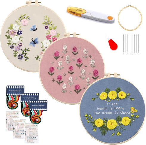 Maydear 3 Pack Embroidery Starter Kit with Pattern, Stamped Cross Stitch Kits for Beginners Adults with Embroidery Hoop and Instructions, Hand Emb...