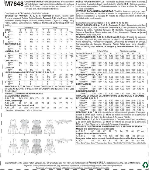 McCall Patterns Children's/Girl's Gathered Dresses With Petticoat And Sash...