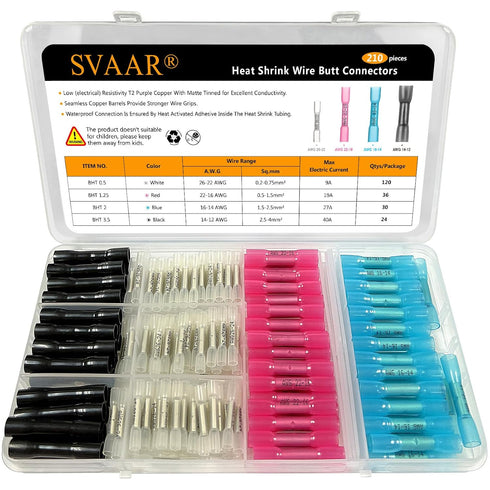 Heat Shrink Butt Connectors Kit 210 PCS 26-12 AWG Insulated Butt Splice Connectors Heat Shrink Wire Connectors, Marine Grade Waterproof Butt Splic...