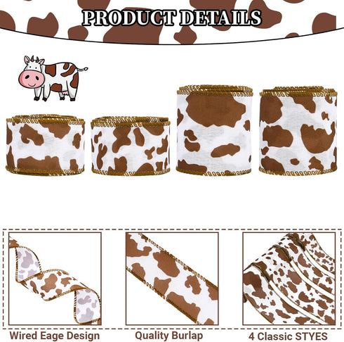 4Roll Brown Cow Wired Edge Ribbon Brown White Cow Patterned Burlap Ribbon Animal Print Fabric Ribbon for Gift Wrapping Wreath Making Craft Supplie...