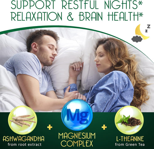 Relaxation & Restful Night with Magnesium L-Threonate & Glycinate Supplement, Plus Vitamin D3, Ashwagandha Root & L-Theanine - Brain, Bone & Heart...