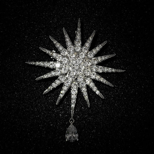 Bling Stylish Silver Tone Full Micro Pave Clear CZ Starburst Pin Brooch with Drop Moravian Lapel Corsage Accessory...