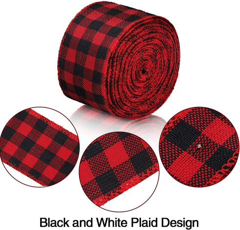 3 Rolls Buffalo Plaid Burlap Wired Ribbon Weave Ribbon with Wired Edge Bows Craft Decoration for Big Bow Wreath Tree Decoration Outdoor (Black and...