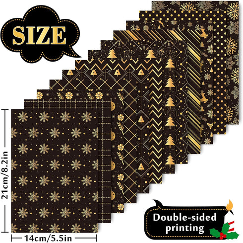 Whaline 60 Sheet Christmas Pattern Paper A5 Size 12 Designs Snowflake Reindeer Christmas Tree Glossy Pattern Paper Black Gold Decorative Craft Pap...