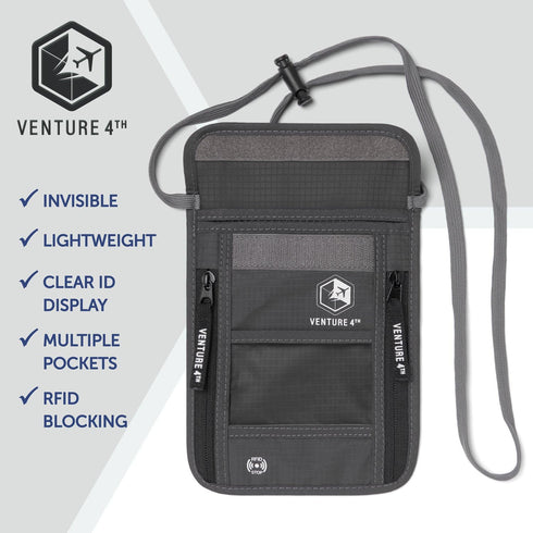 VENTURE 4TH Passport Holder Neck Wallet with RFID Blocking Nylon Lining - Hidden Neck Pouch for Travel (Gray)...
