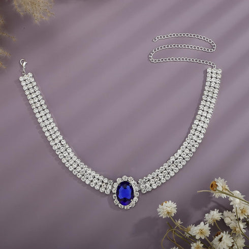 YERTTER Vintage Full Chunky Rhinestone Sapphire Charm Silver Chain Blue Crystal Pendant Luxury Collar Choker Necklace Adjustable Chain for Party M...
