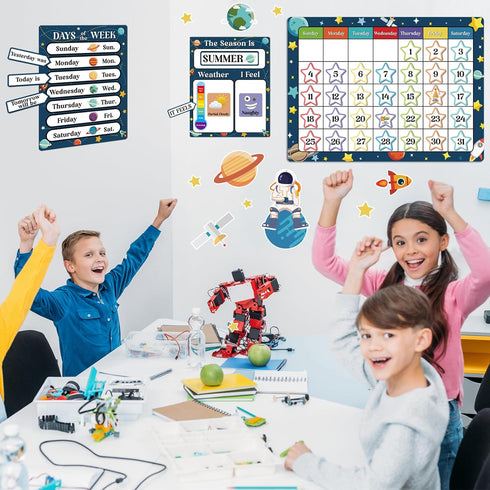 122pcs Cartoon Space Classroom Calendar Bulletin Board Set with Seasons Weather Festival I Feel Days of The Week for Classroom Back to School Deco...