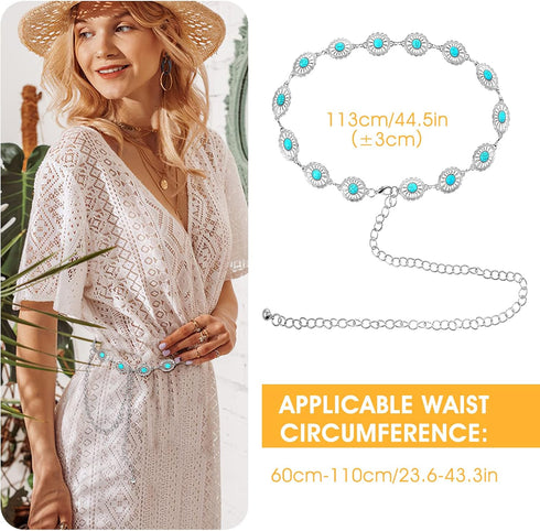 Concho Chain Waist Belts for Women, Turquoise Western Metal Belt Adjustable Cowgirl Belt with Buckle for Jeans Dresses...
