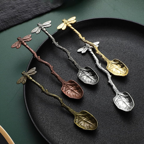 Gold Retro Dragonfly Spoon Coffee Spoon Stainless Steel Tableware Creative Sugar Spoon Tea Spoon Stir Bar Spoon Stirring Spoon, Dessert Spoon, Cak...