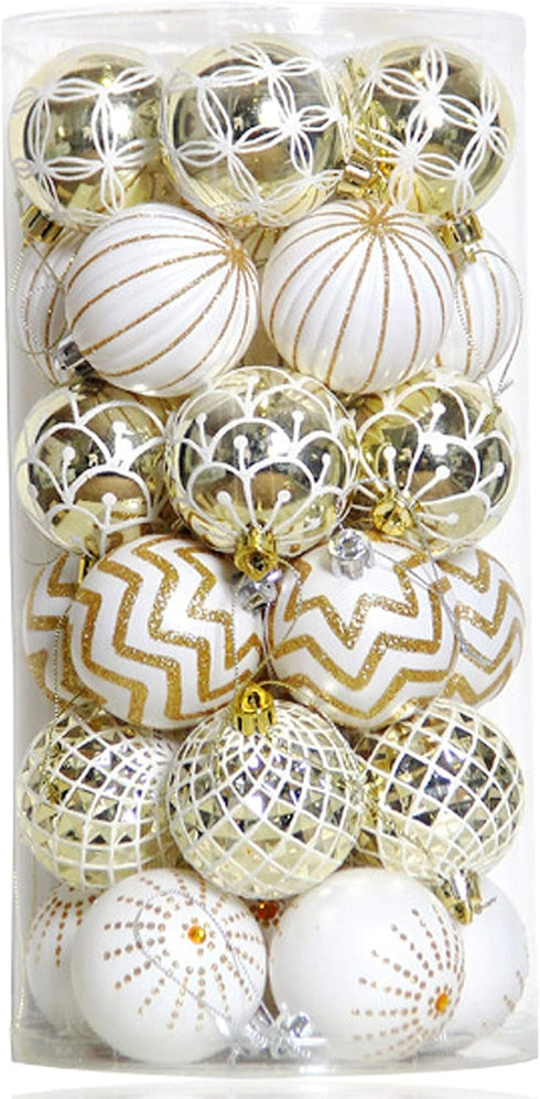 30PCS Christmas Balls Ornaments,60MM Gold&White Painted Shatterproof Festive Wedding Hanging Ornaments Christmas Tree Decoration...