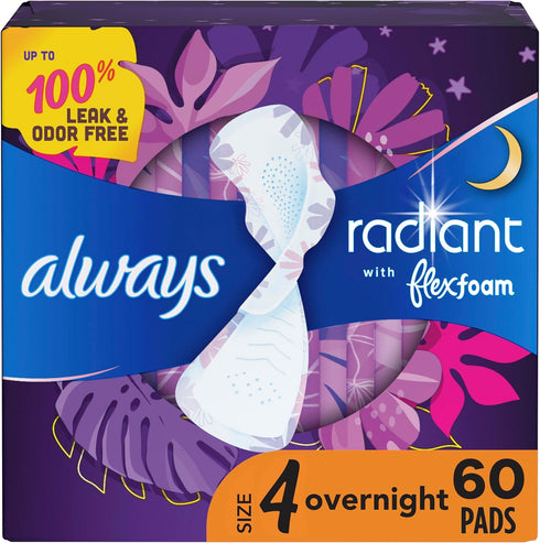 Always Radiant Feminine Pads for Women, Flexfoam Pads with Wings, Size 4, Overnight Absorbency, Lightly Scented, 60 Count (3 Packs of 20)...