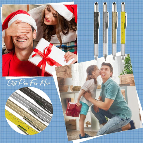 16 Pcs Blue Ink Multi Tool Tech Pen Gift Pen for Men Dad Screwdriver Pen with Ruler 6 in 1 Ballpoint Pen and Pen Refills (Yellow,Black,Glod,White)...