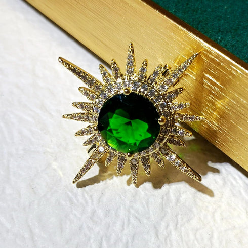 Excellent Gold and Emerald Starburst Pin Brooch Planet Sun Burst Jewelry...
