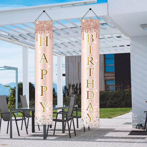 Pink Rose Gold Happy Birthday Door Banner Decorations, Birthday Party Porch Sign Supplies for Women Girls, Sweet 16th 21st 30th 40th 50th 60th Bir...