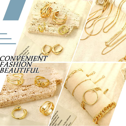 Henoyso 16 Pcs Gold Jewelry Sets for Women 4 Gold Necklace 4 Gold Bracelets 4 Gold Earring 4 Knuckle Rings Hoop Stud Earrings for Women Girls Vale...