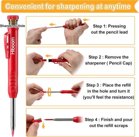 Hiboom 4 Pack Carpenter Pencils Set with 24 Refills, 2.8mm Mechanical Carpenter Pencil Built in Sharpener Woodworking Marking Tool Solid Long Nose...