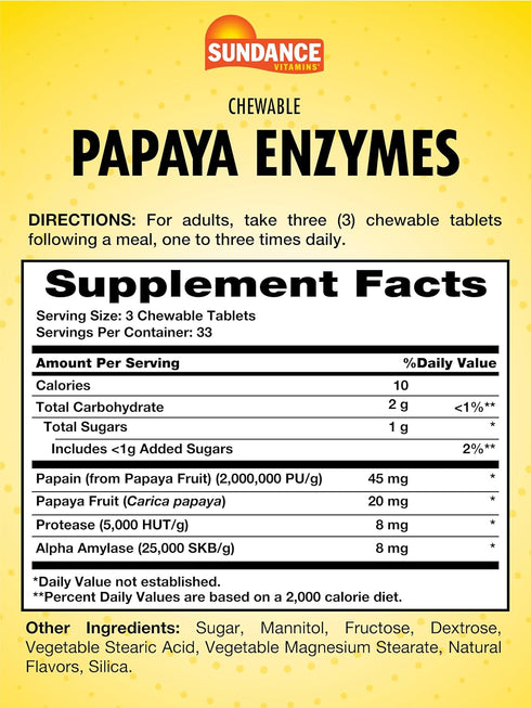Sundance Papaya Enzymes | 100 Chewable Tablets | Natural Tropical Flavor | Vegetarian, Non-GMO, and Gluten Free Supplement...