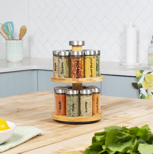 Orii 16 Jar Spice Rack with Spices Included - Rotating Countertop 2 Tier Tower Organizer for Kitchen Spices and Seasonings, (Bamboo Wood)...
