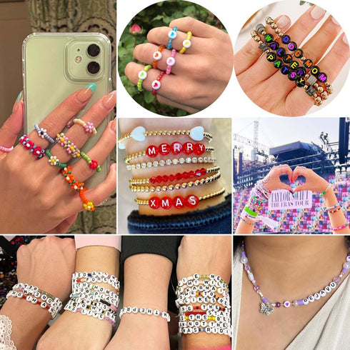 8100pcs 3mm Glass Seed Beads for Jewelry Bracelet Making Kit,Small Beads Friendship Bracelet Kit with Letter Beads and Pendants, Stretch Cords, Et...