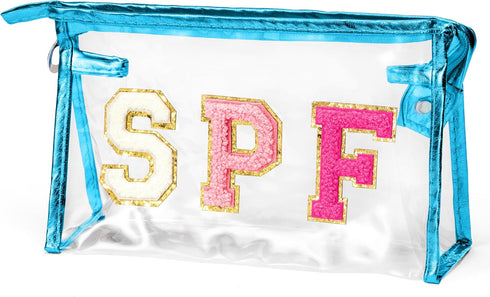 Preppy Patch Cosmetic Bag - Summer Blue SPF Chenille Varsity Letter Clear Toiletry Bag Aesthetic Waterproof Portable Makeup Bag Transparent PVC Zi...
